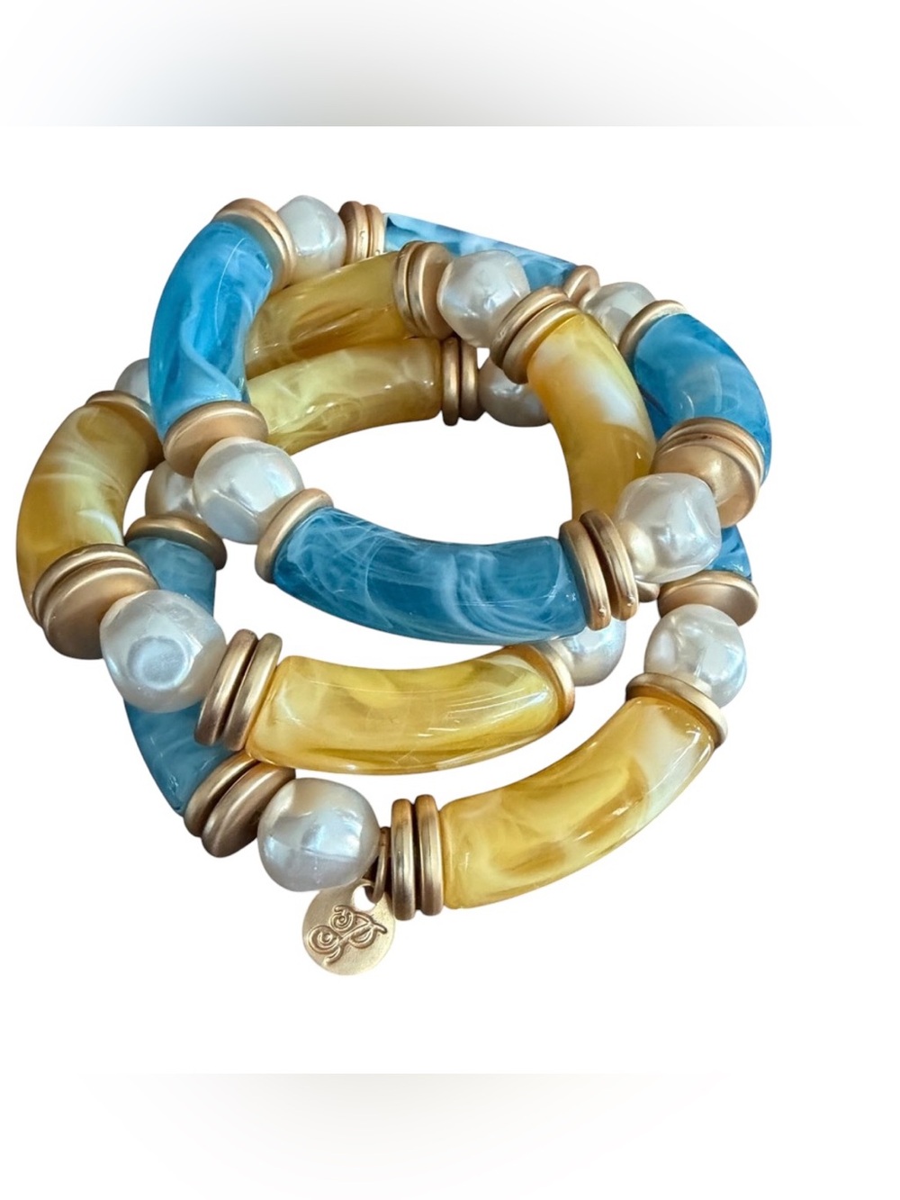 Beaded Stretch Colorblock Bracelet Set, Faux Pearls/Goldtone Accents. Set of 3 - Picture 5 of 10